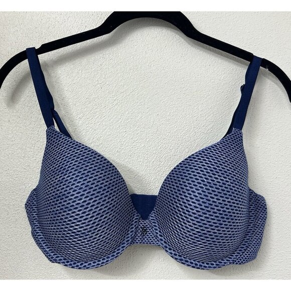 Victoria Secret Uplift Semi Demi Navy Bra Size 34D Blue Pattern Lined Wired - Picture 1 of 7